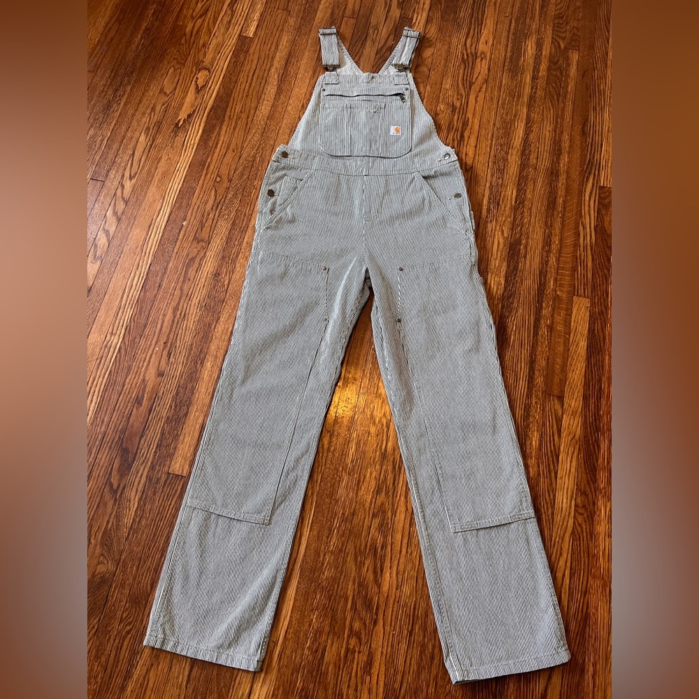 Carhartt Women’s Brewster Double Front Railroad Striped Bib Overalls, Size MT